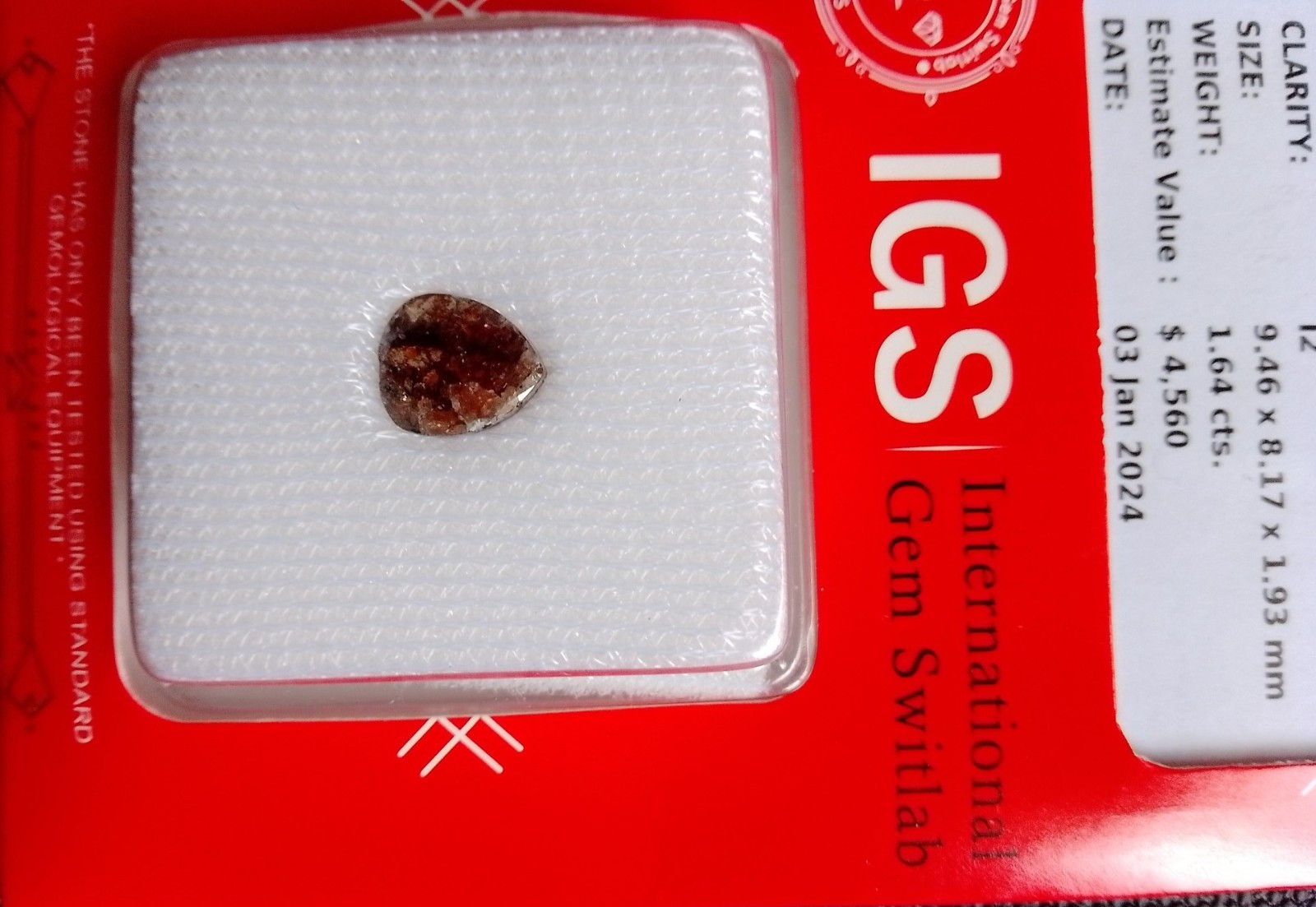 1.64ct Cognac Diamond, NATURAL PEAR ROSE CUT, new/sealed, IGS certified