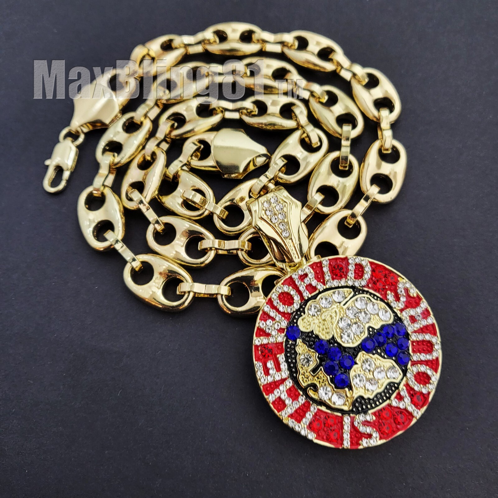 Iced Gold plated Alloy Cubic Zirconia THE WORLD IS YOURS & Marina Chain Necklace