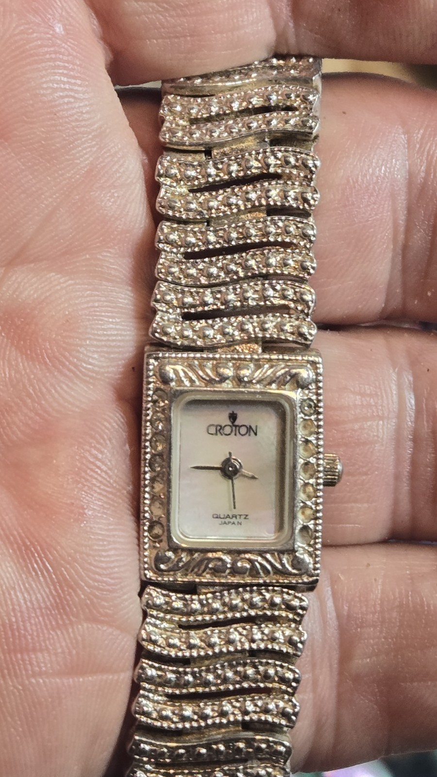 Vintage Croton Diamond Cut Solid Sterling Silver Mother Of Pearl Watch Small 6.7