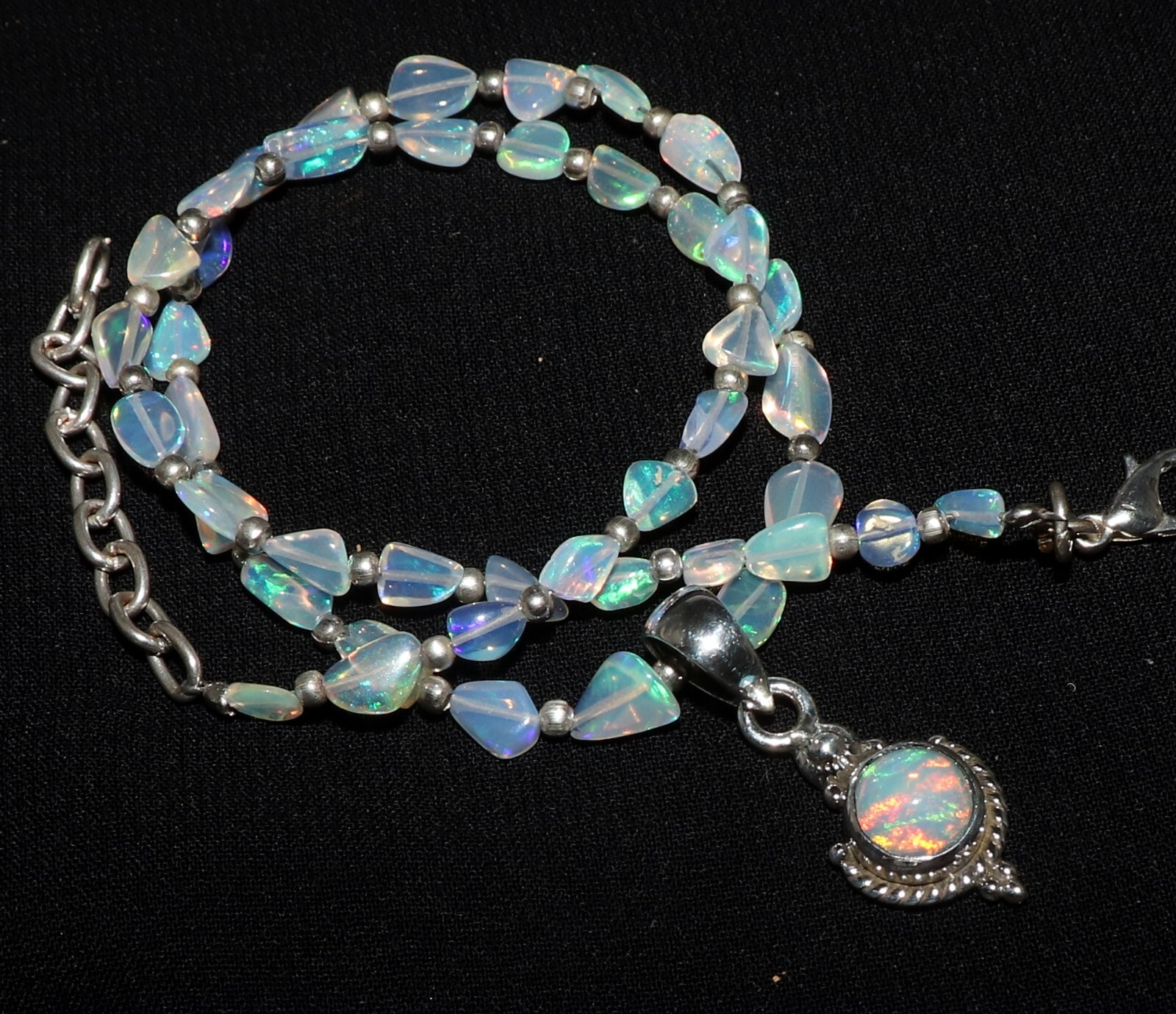 Ethiopian opal beaded necklace with sterling silver opal pendant opal tumble