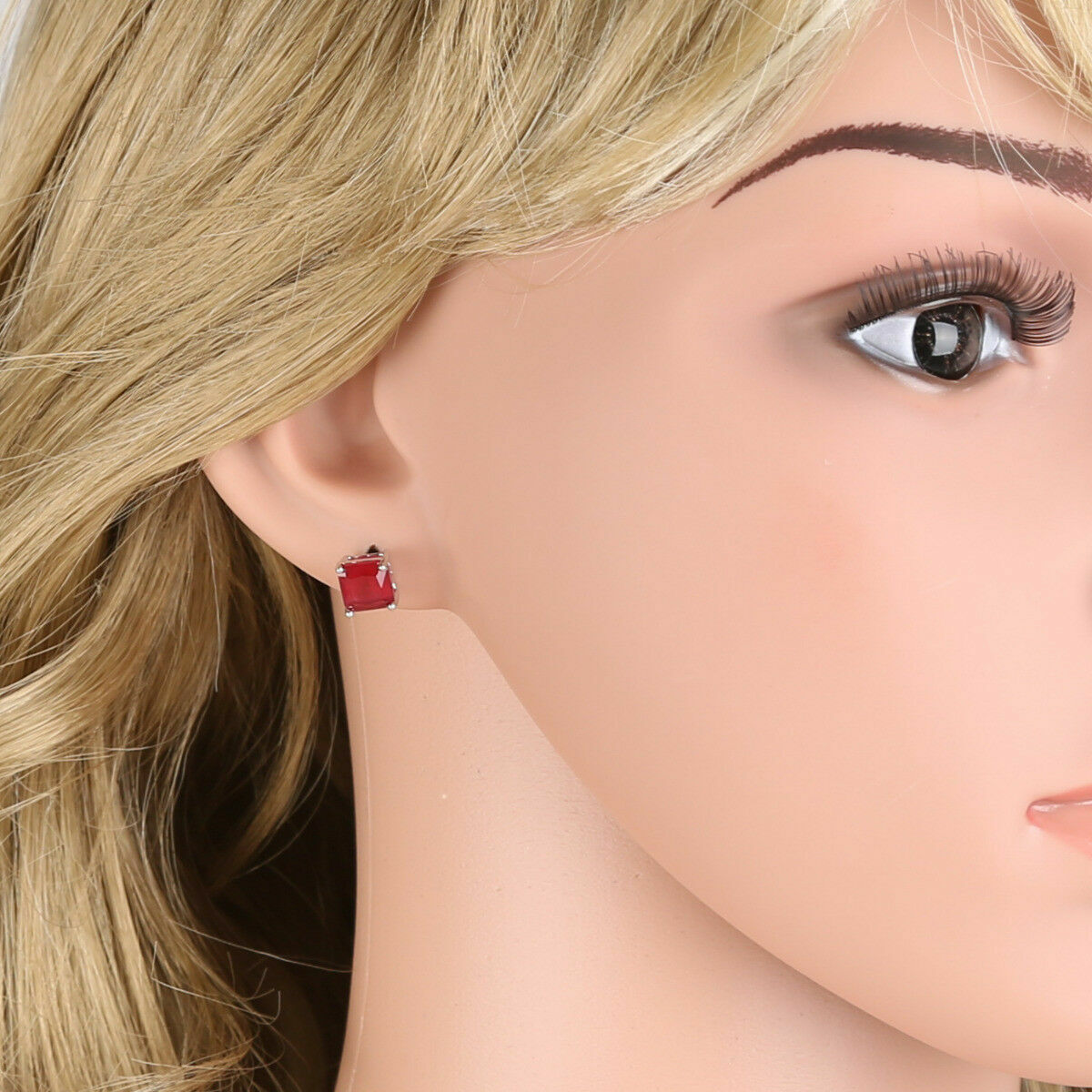 Pretty New 18K White Gold Filled 7mm Princess Cut Ruby Red CZ Stud Earrings
