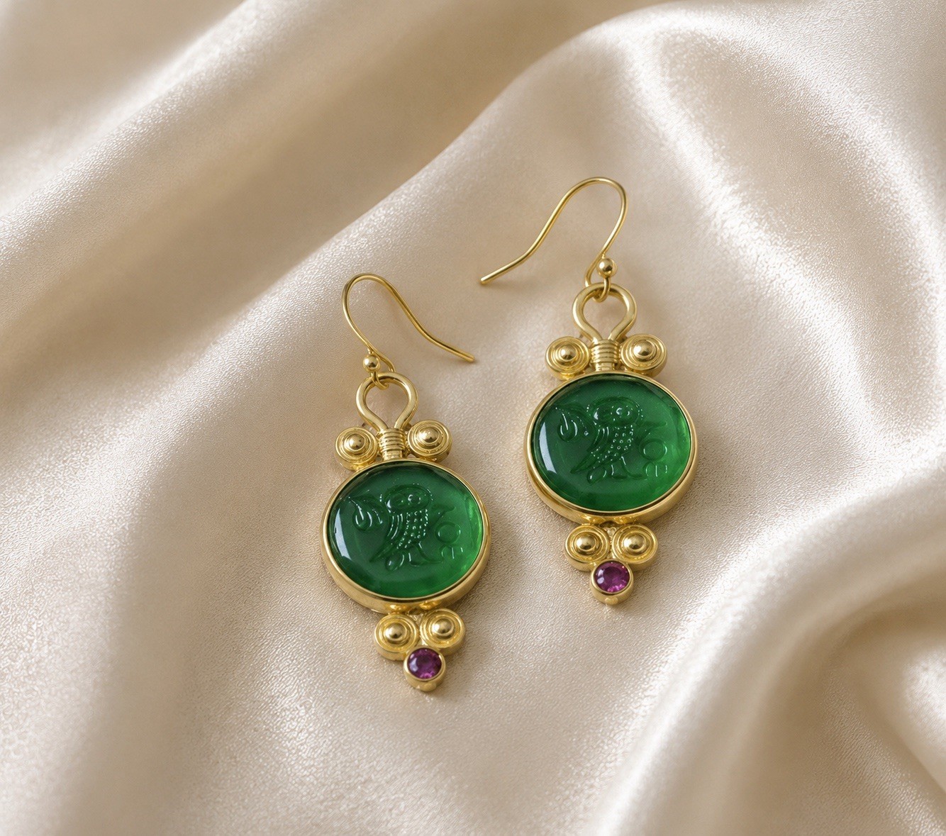 Museum Intaglio Owl Earrings Bird Gold CZ VTG Ancient Greek Antique Boho Carved