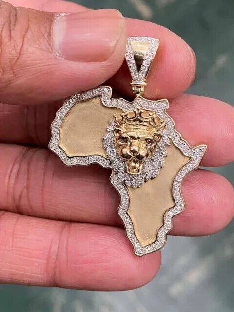 Round Lab-Created Diamond Africa Lion Face Pendant Charm 14k Yellow Gold Plated