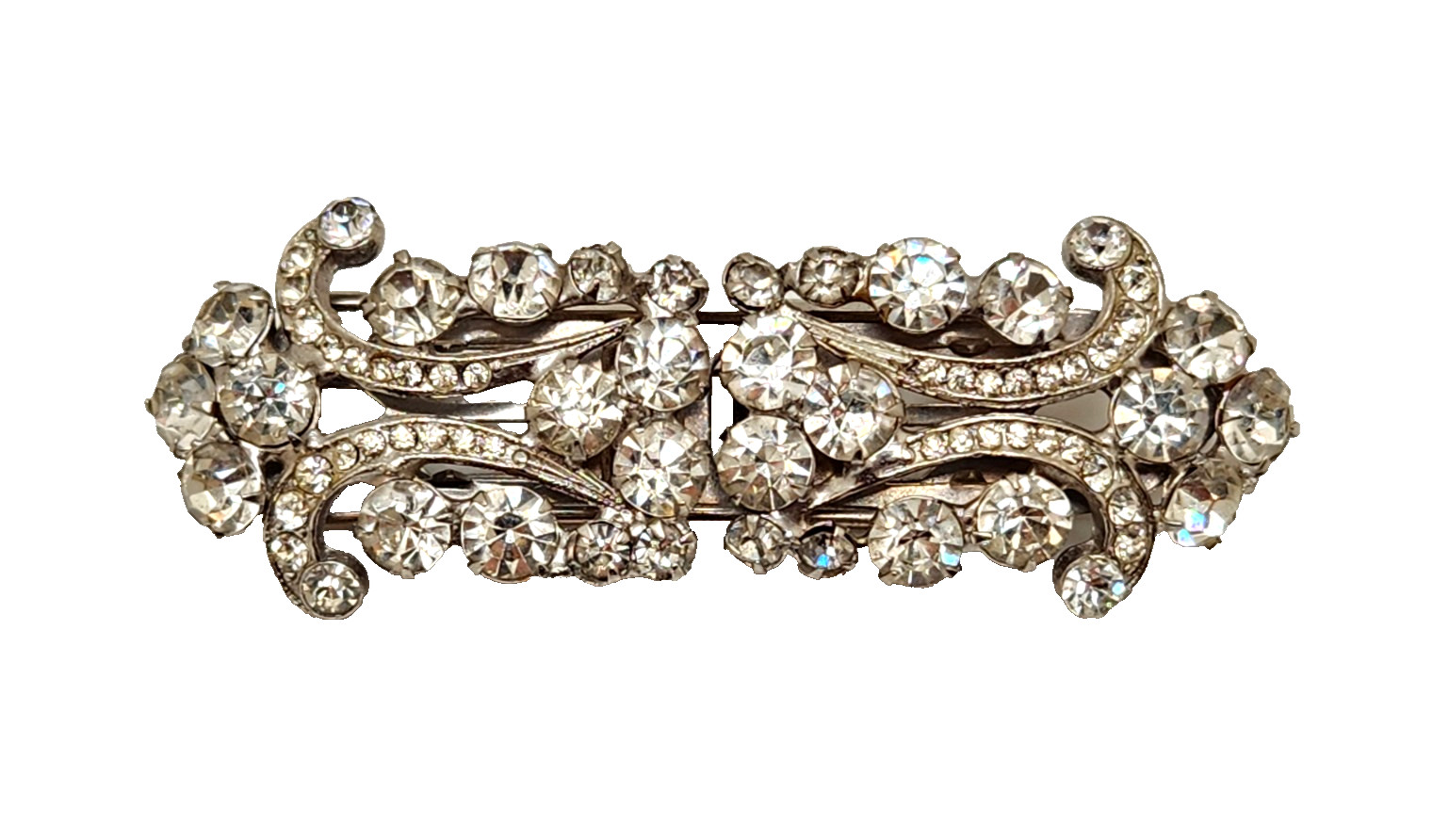 Vintage Art Deco Silver Tone Duette Dress Clips / Brooch with White Rhinestones