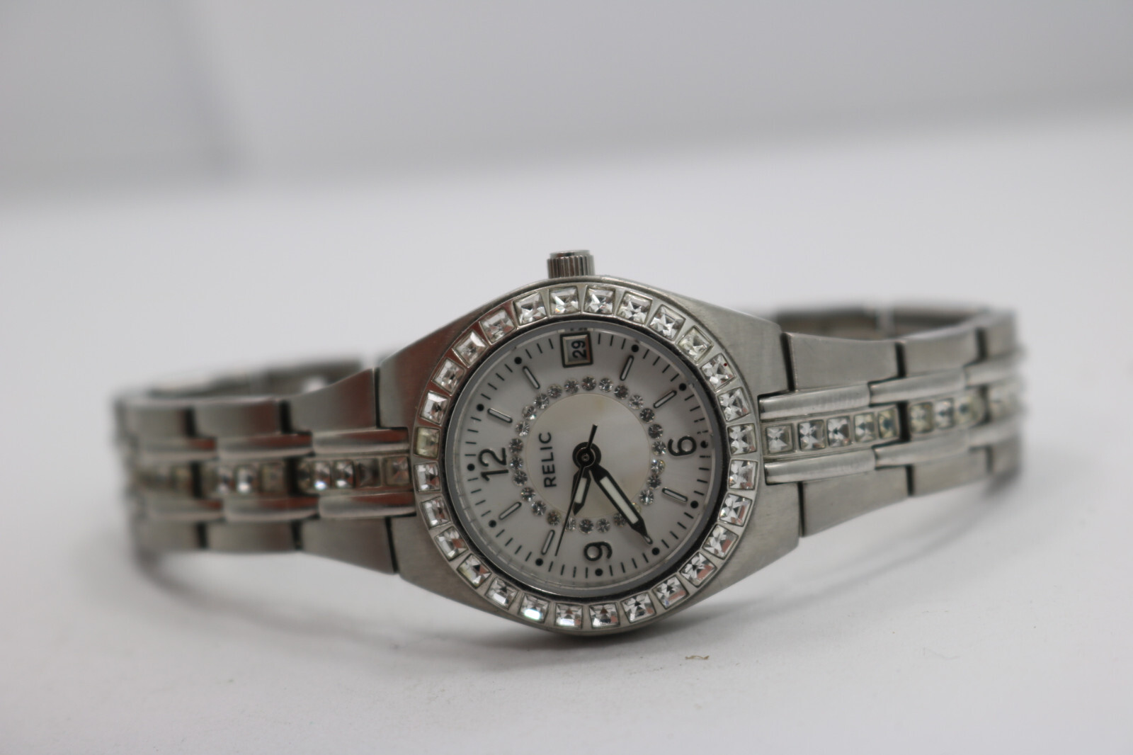 Relic Womens Crystal & MOP Dial Quartz Watch ZRJ34001 White Leather New Batt