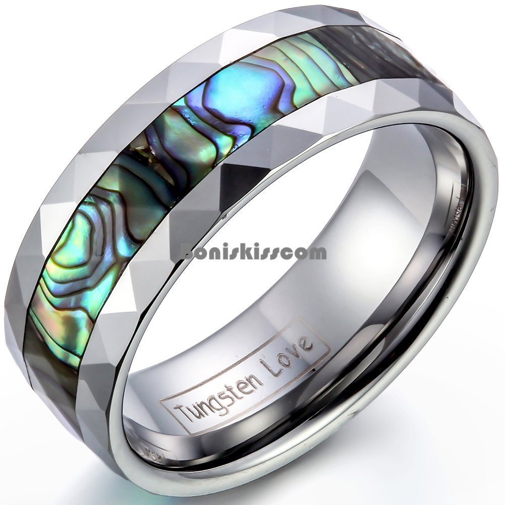 8mm Unisex Tungsten Carbide Ring w Abalone Shell Inlay Beveled Edge Wedding Band