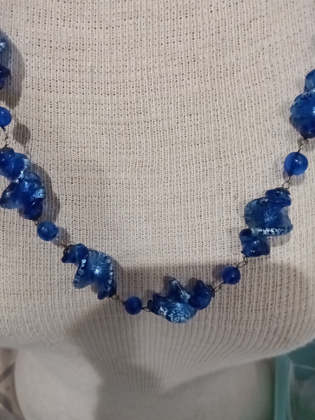 Handcrafted Twisted Blue White Murano Glass Blue Round Beads & Gunmetal Necklace