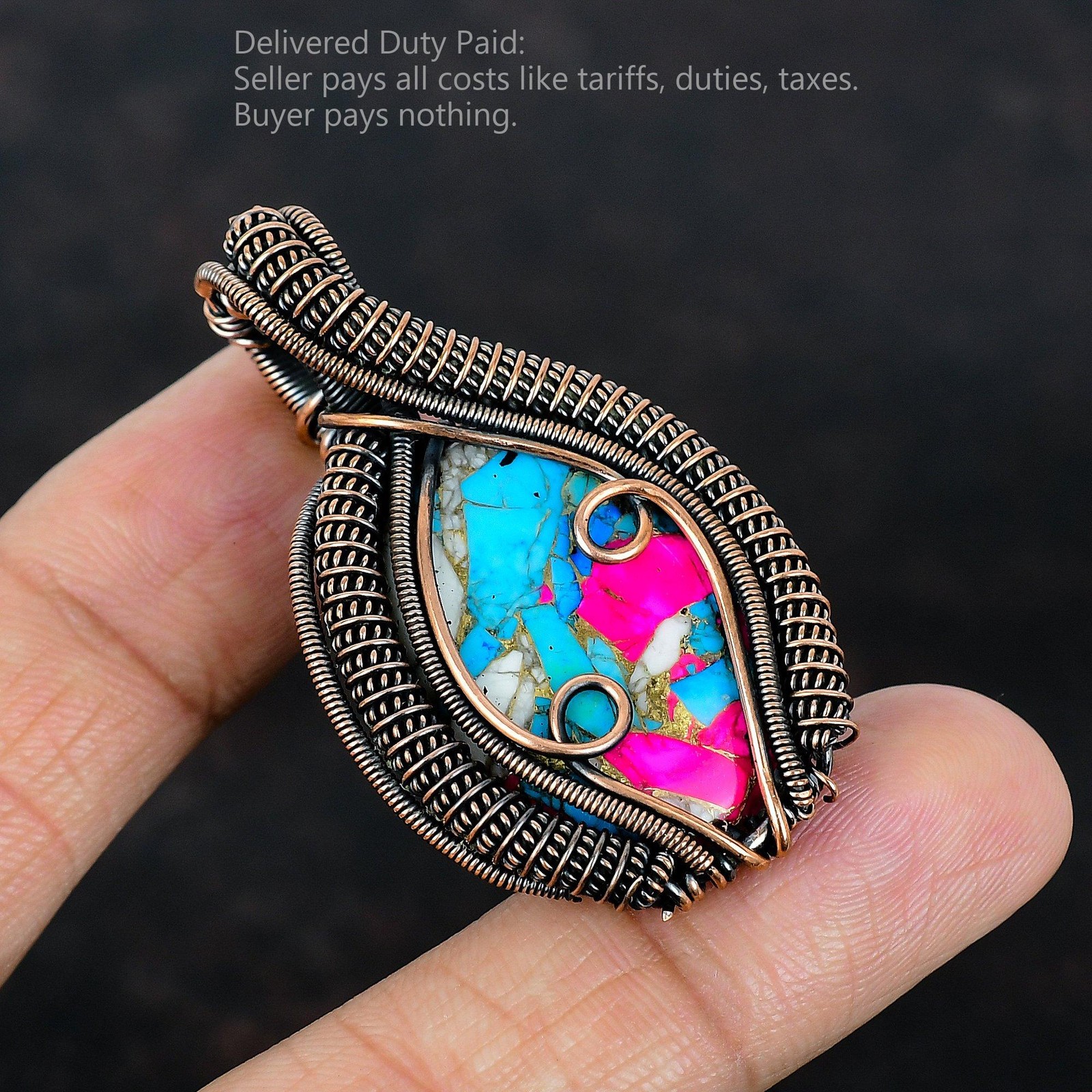 Copper Cotton Candy Turquoise Gemstone Wire Wrapped Engagement Pendant Jewelry