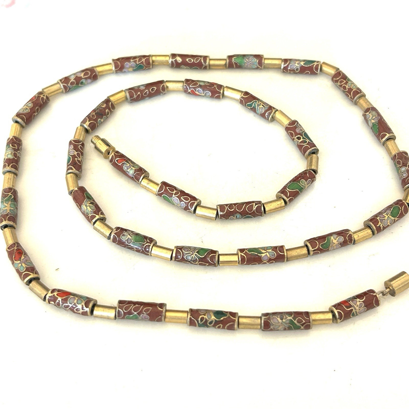 Vintage Chinese Export Cloisonne Enamel Tube Bead Necklace Red Gold Tone 22”
