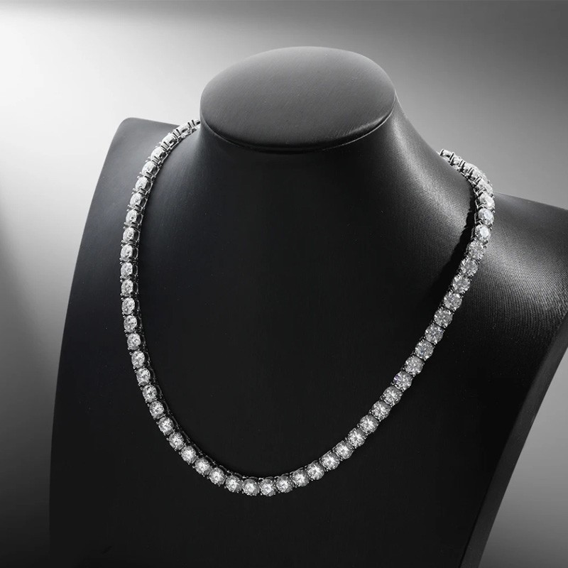 Full 5mm Round Real Moissanite Tennis Chain Necklace 925 Sterling Silver Hip Hop
