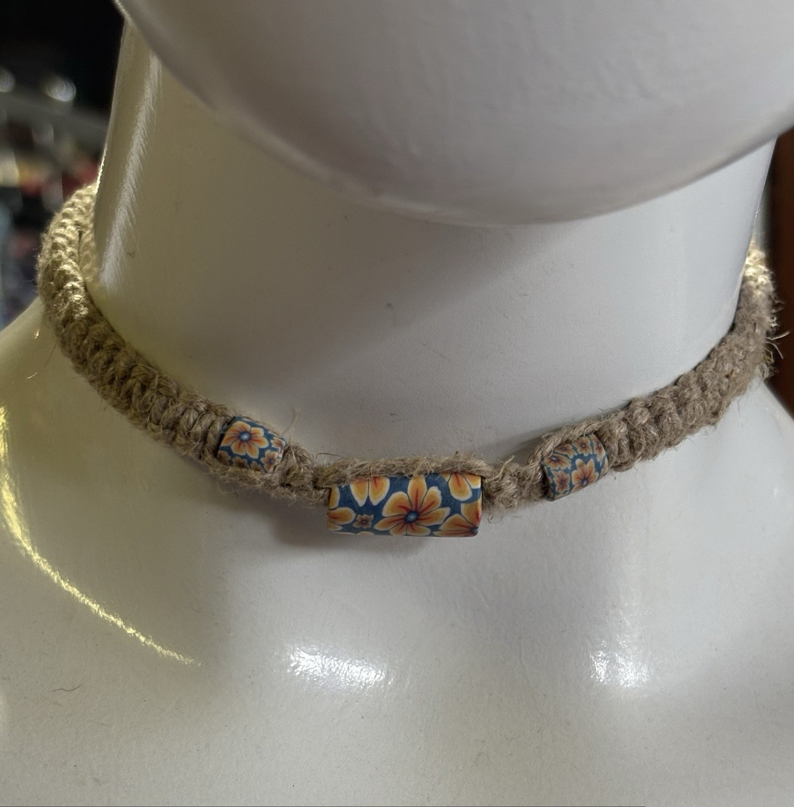 Hemp Cord Beaded Choker Necklace Beige Floral Bar Pendant Adjustable Tie