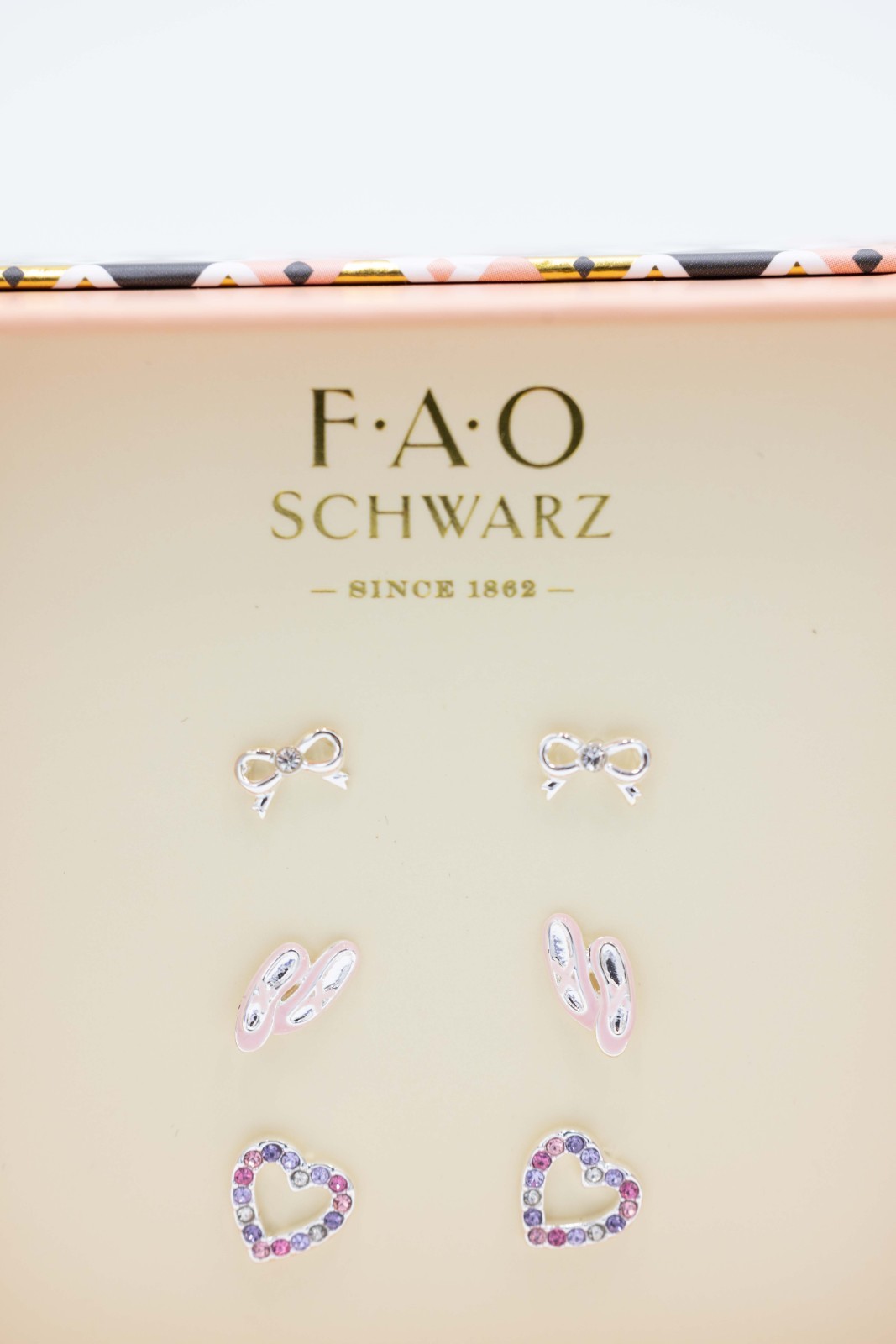 FAO Schwarz Silver Tone Heart Ballet Slipper Bow Earring Set NIB