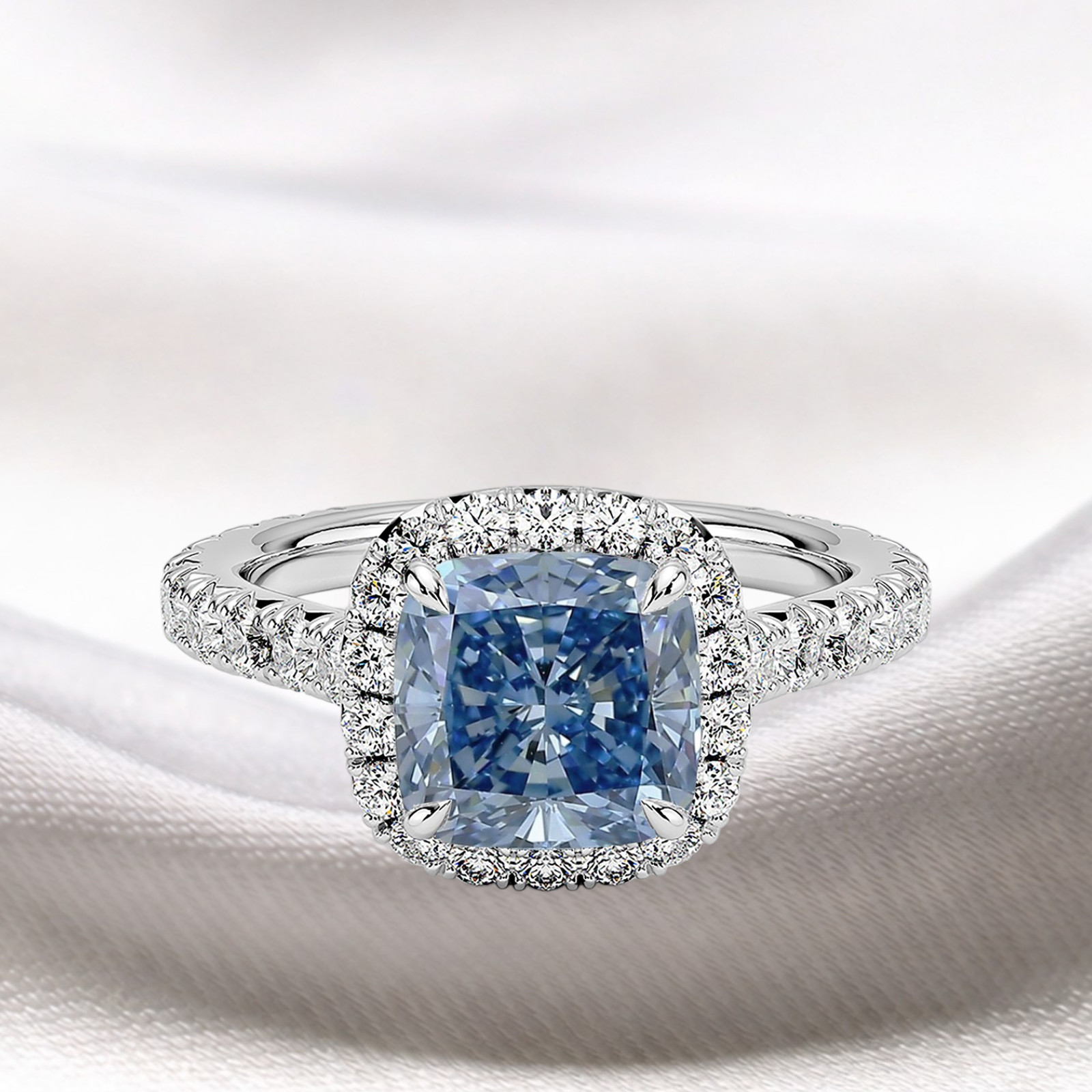 Cushion 2.75 CT Fancy Intense Blue Lab Grown Diamond Women Ring 14K White Gold