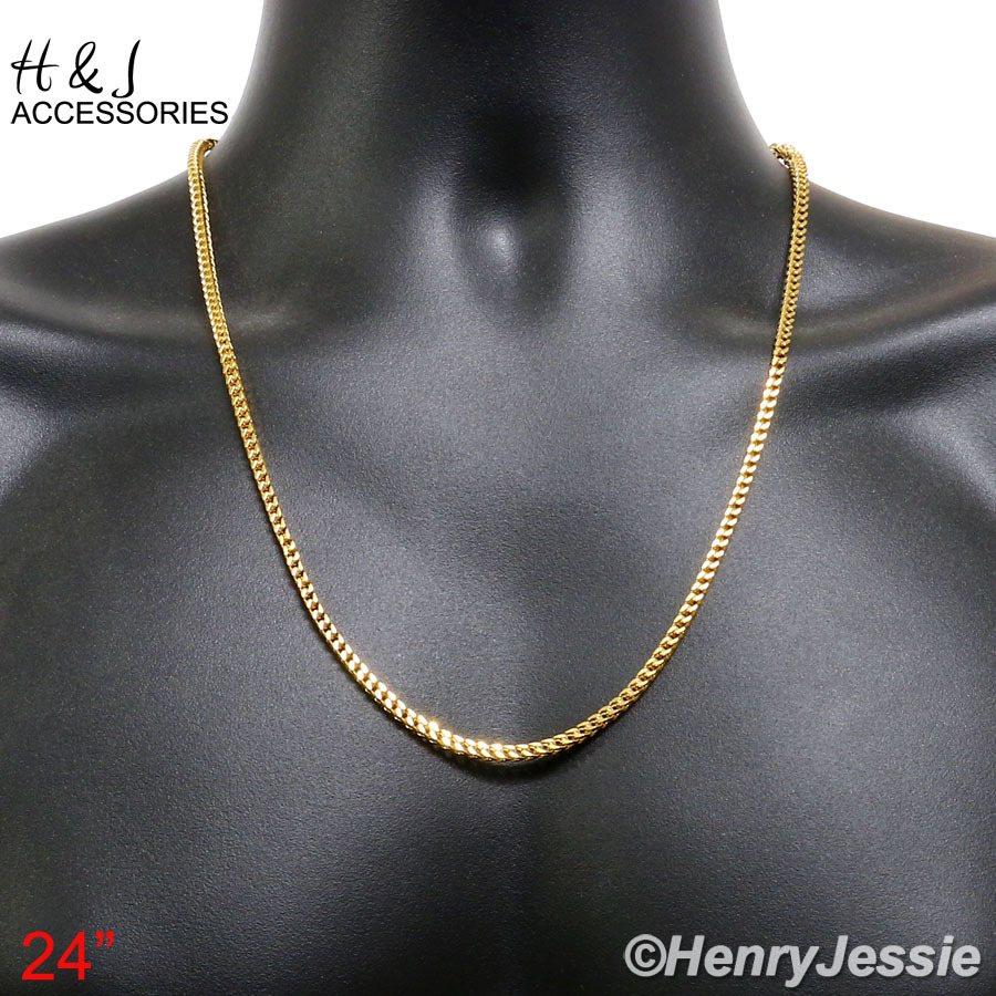 24″Stainless Steel 3mm Gold Plated Classic Franco Box Cuban Curb Link Necklace