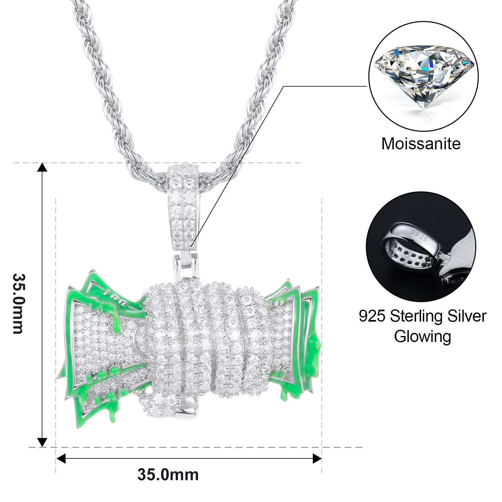 Glow in Dark Money Fist Pendant 925 Silver Moissanite 14k White Gold Plated