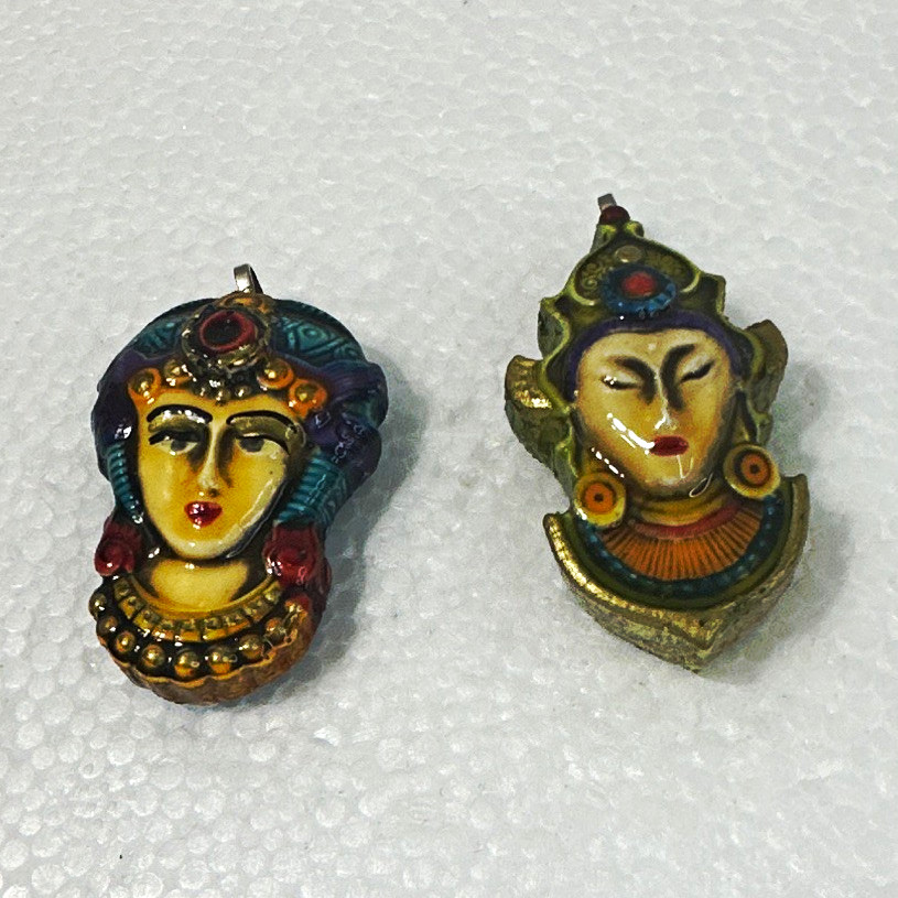 Vintage Enamel Face pendant Set of 2, Multicolor, Made in Western Germany