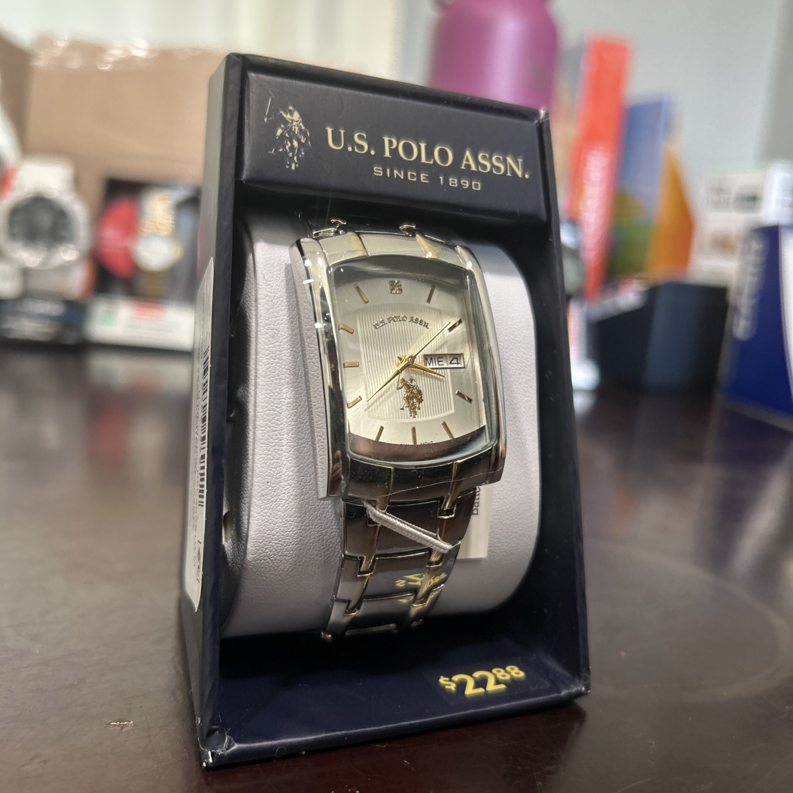US Polo Assn Mens Tank Watch 32mm Silver Gold Two Tone Day Date New! Working