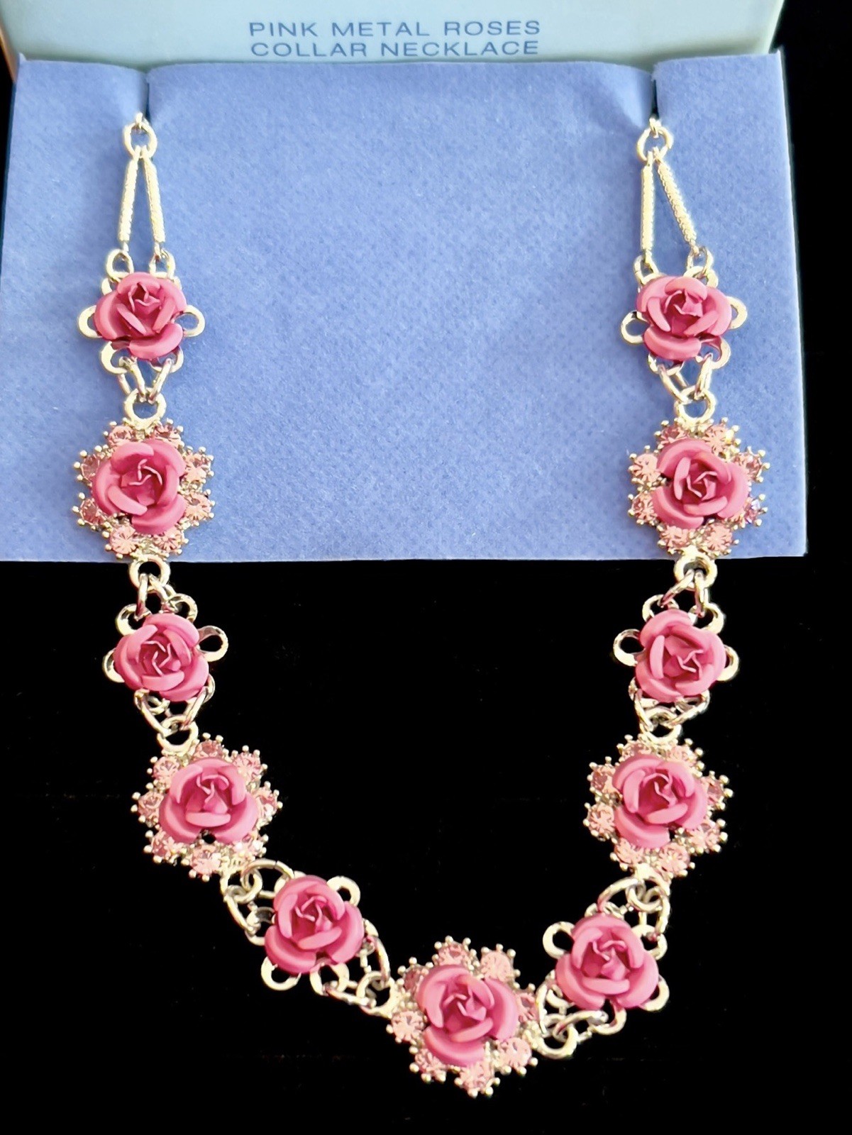 2002 Avon PINK METAL ROSES COLLAR NECKLACE w/ Pink Rhinestone Silver Vintage NOS