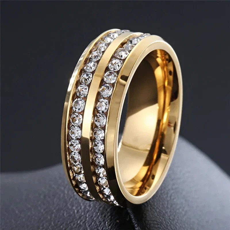 8mm Stainless Steel Wedding Silver/Gold Band Men Women Couple CZ Ring Size 5-13