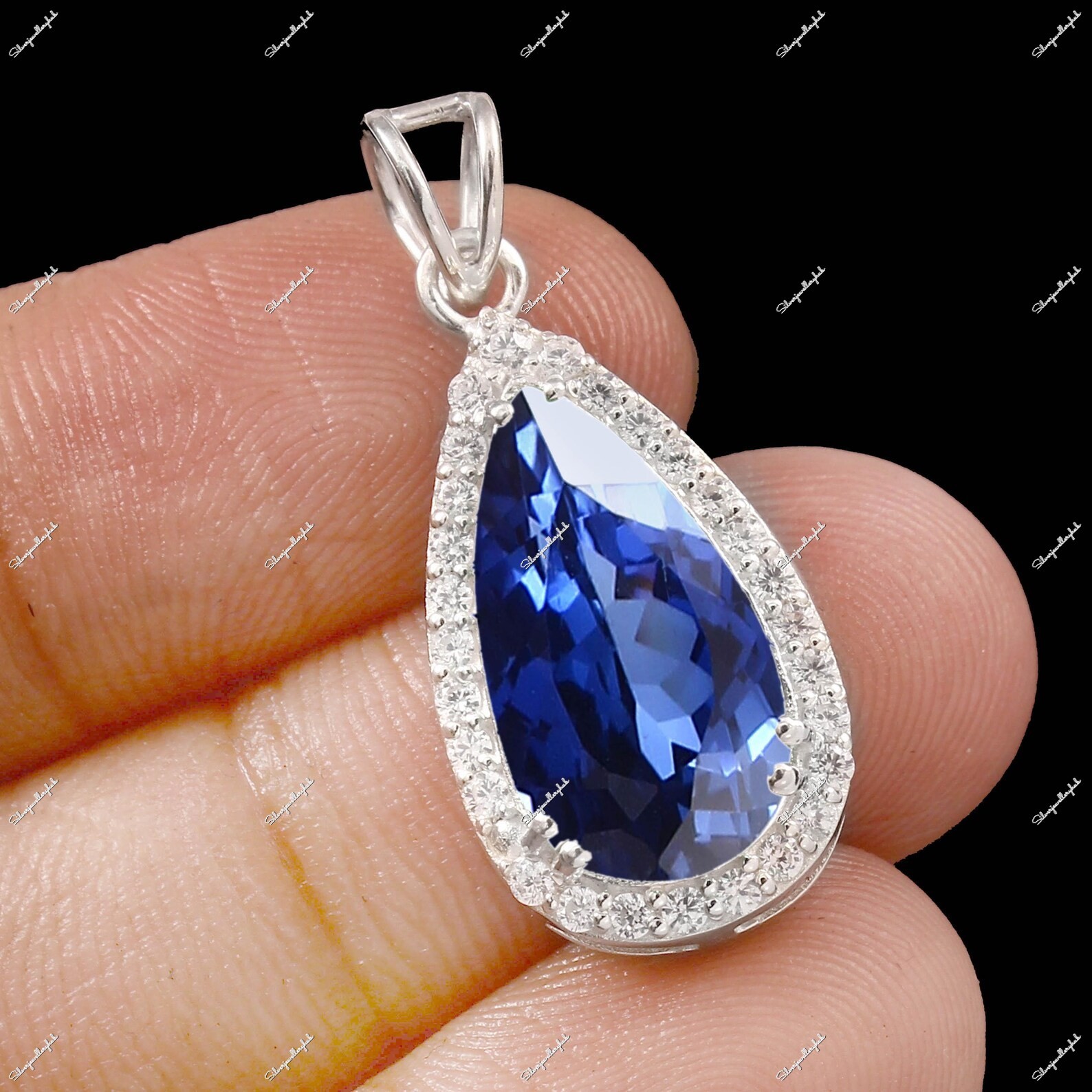 Ceylon Blue Sapphire Pear Pendant 925 Sterling Silver Halo Wedding Gift Necklace