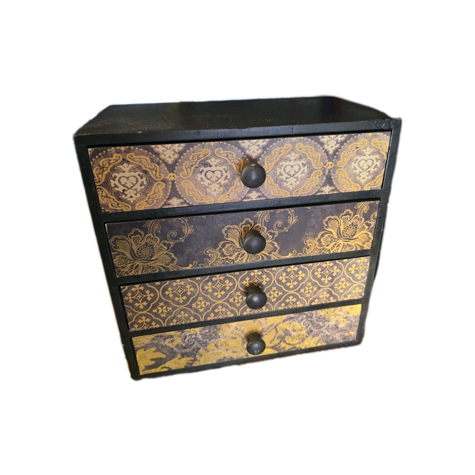 4 Drawer Wooden Storage Box Small Yellow And Brown Aztec Pattern Table Top