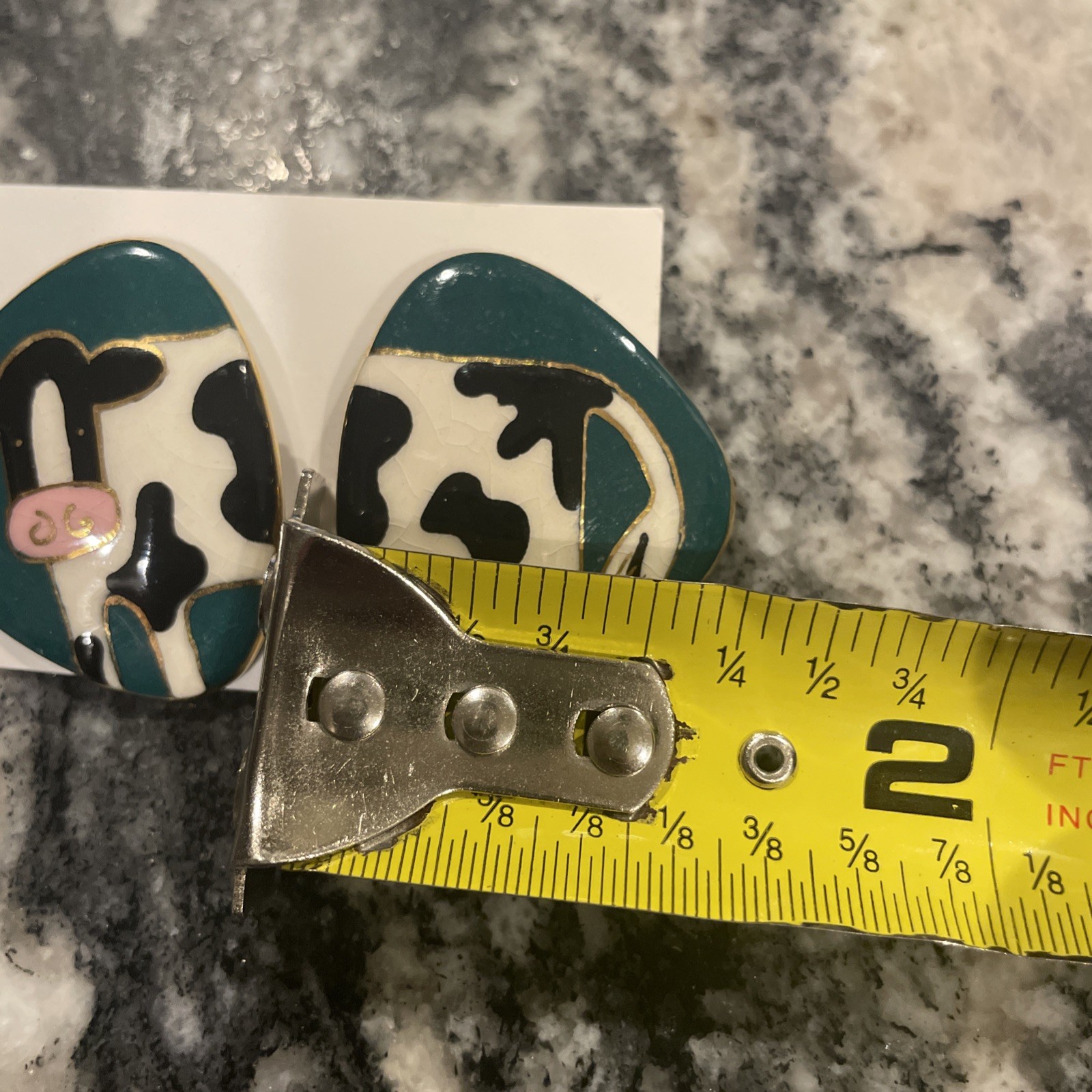 Vintage Ceramic Enamel Cow Front And Rear Post Earrings Gold Trim
