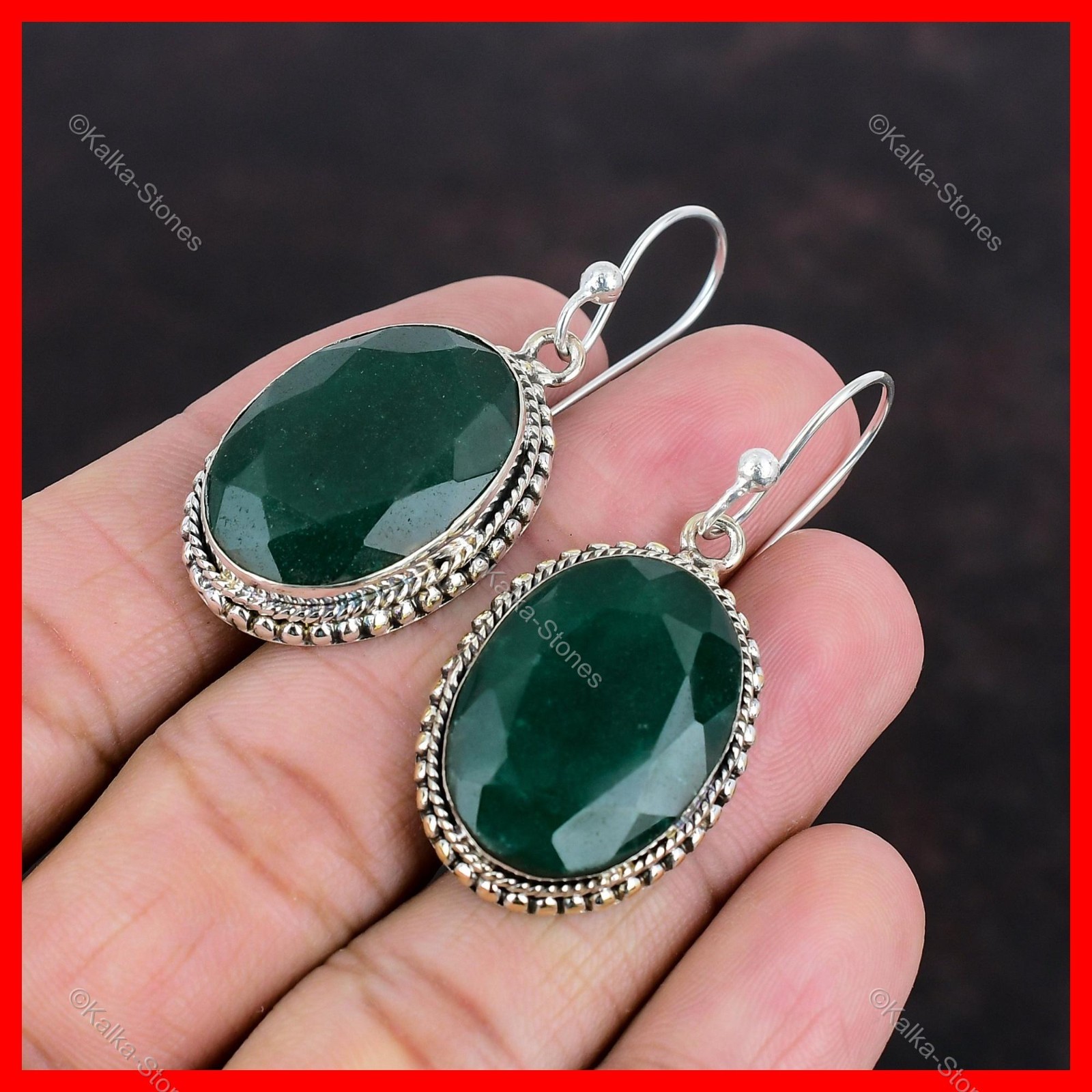 925 Sterling Silver Zambian Emrald Stone Dangling Ethnic Bezel Vintage Earrings