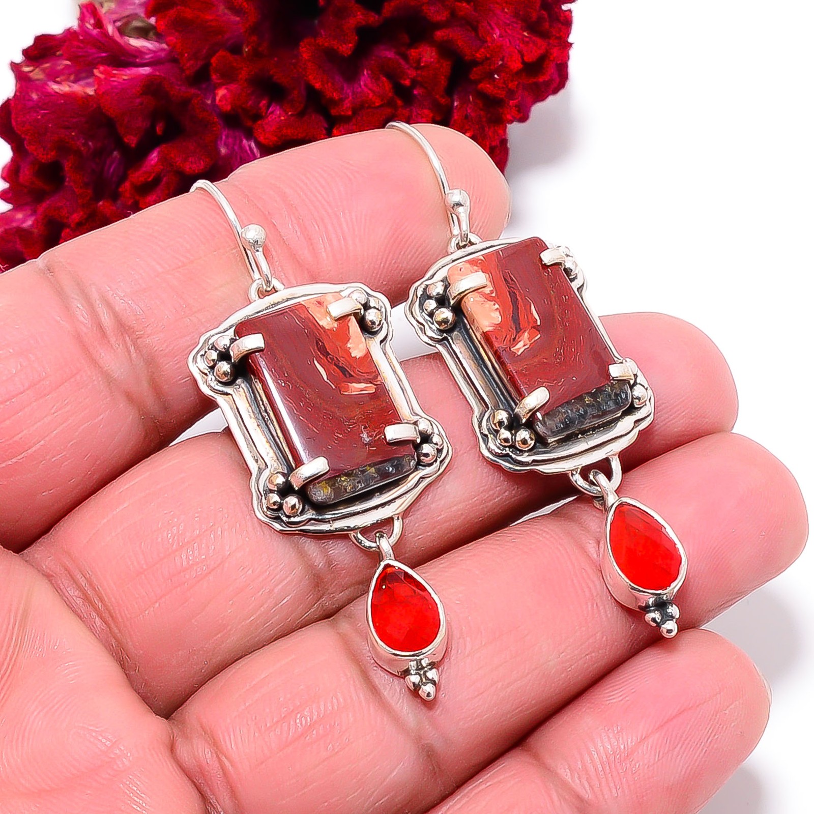 Snake Skin Jasper – Australia & Carnelian 925 Sterling Silver Earring 2.15″ E985