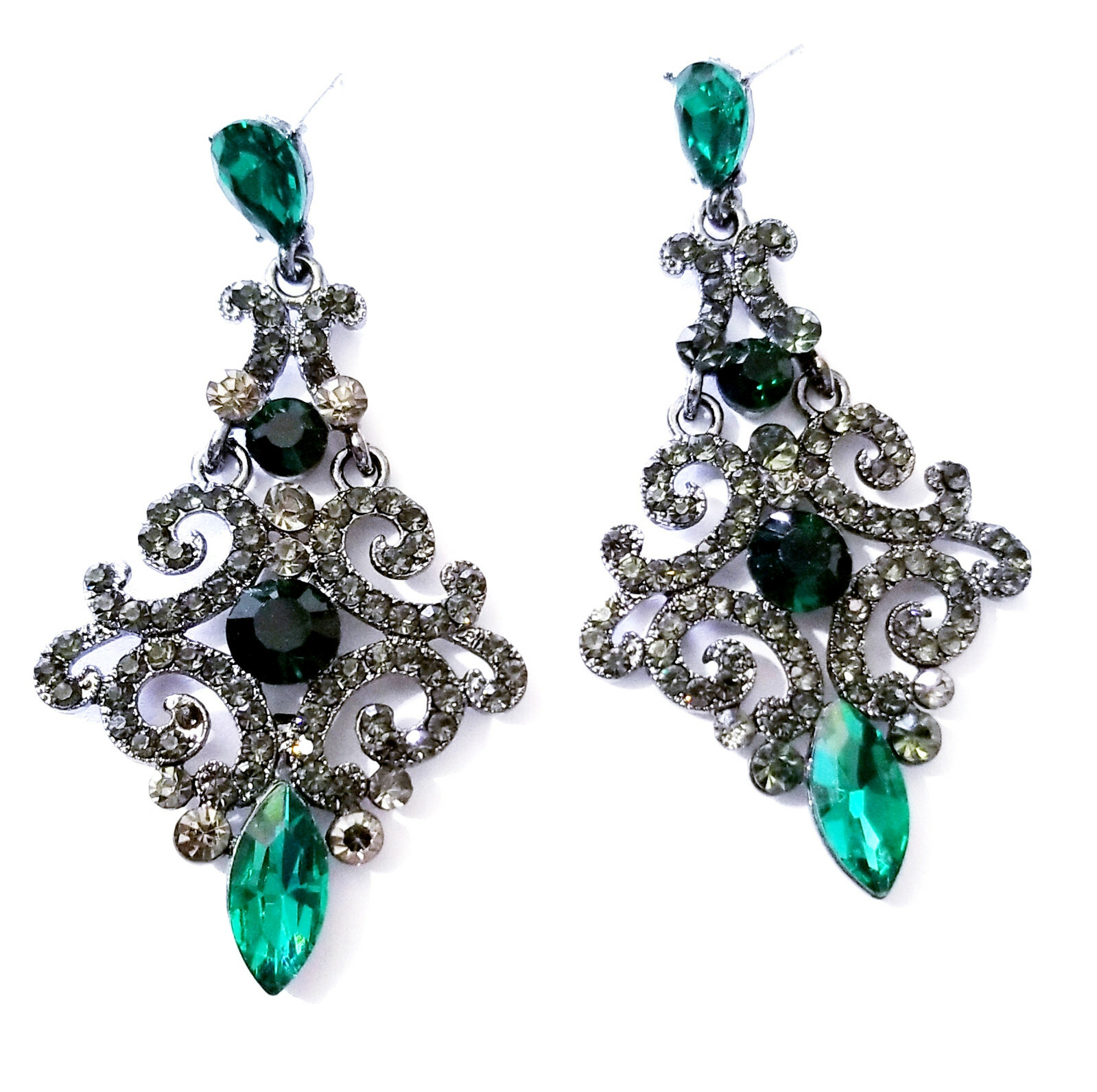 Green Rhinestone Drop Earrings Steampunk Prom Pageant Jewelry 2.8 inch