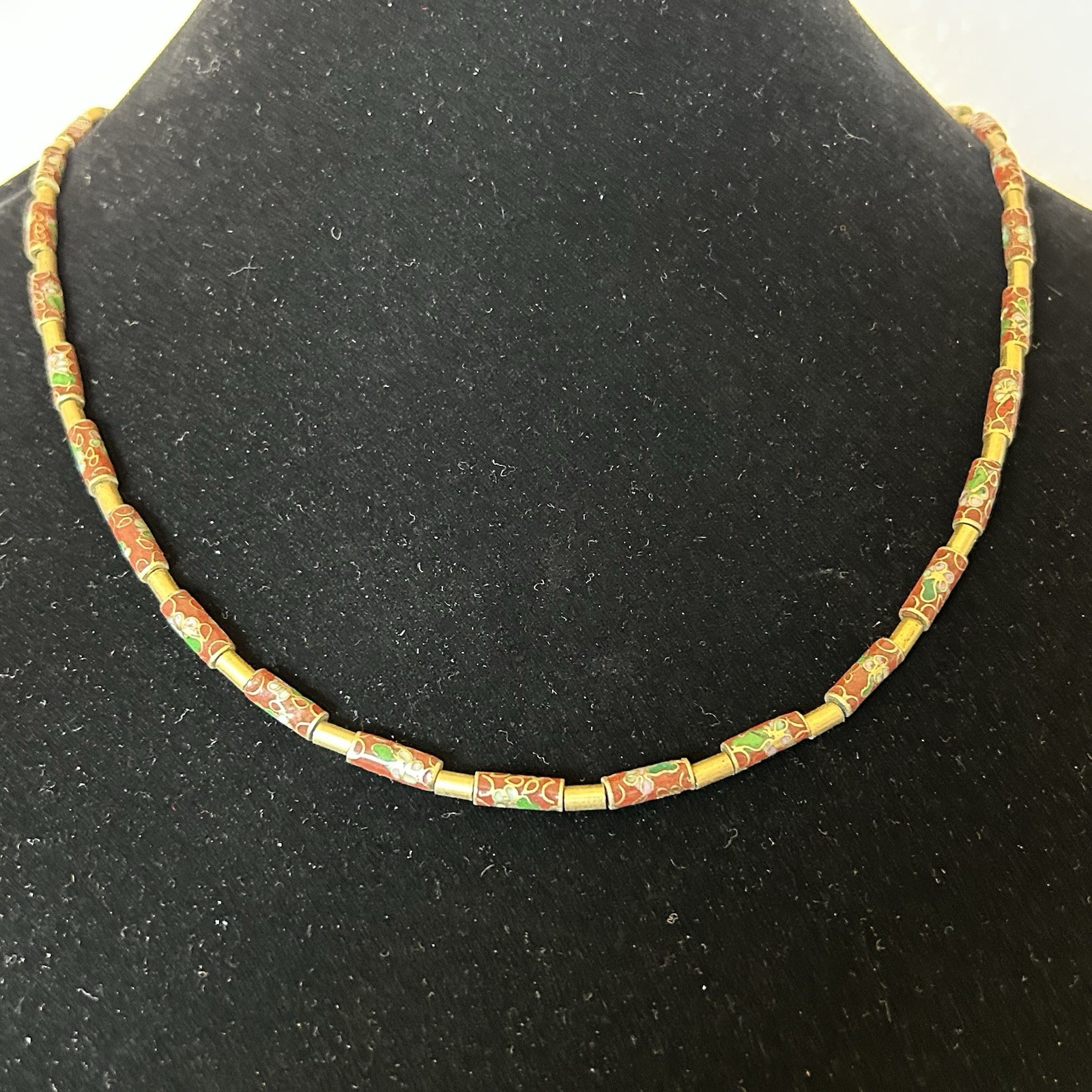 Vintage Chinese Export Cloisonne Enamel Tube Bead Necklace Red Gold Tone 22”