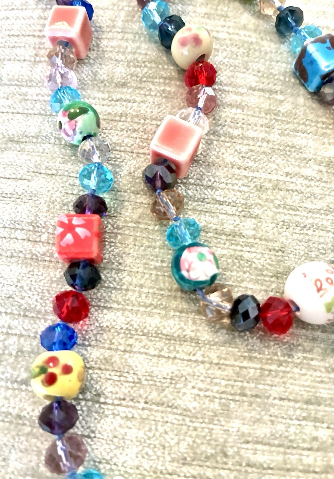 Necklace Colorful Mixed Media~Glass Beads,HandPainted Ceramic Sq/Rnd Beads 22”