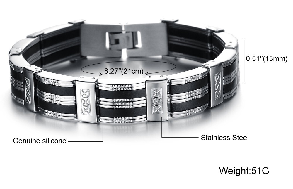 Mens silicone Bracelet Bangle Stainless Steel Fashion Jewelry 13mm 8.26inch