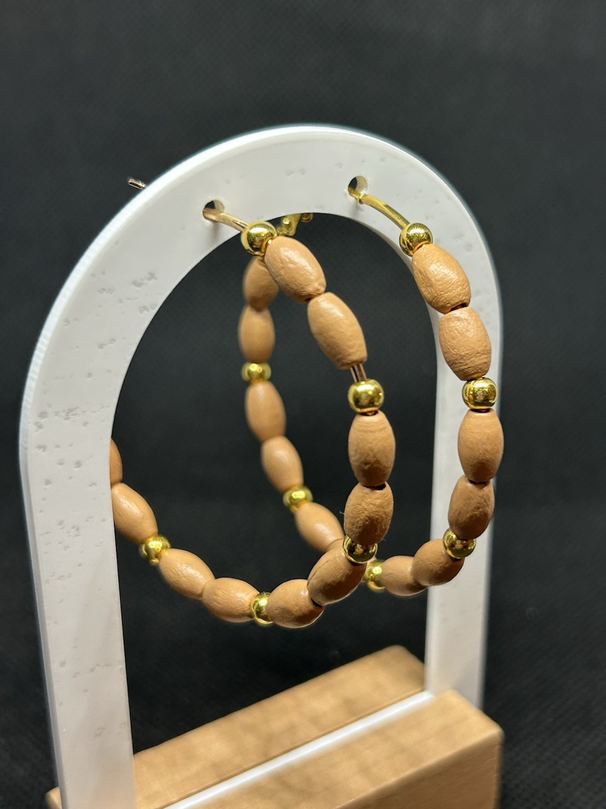Tan with Golden accents Bamboo Wooden Beaded Large Hoop Earrings Beige
