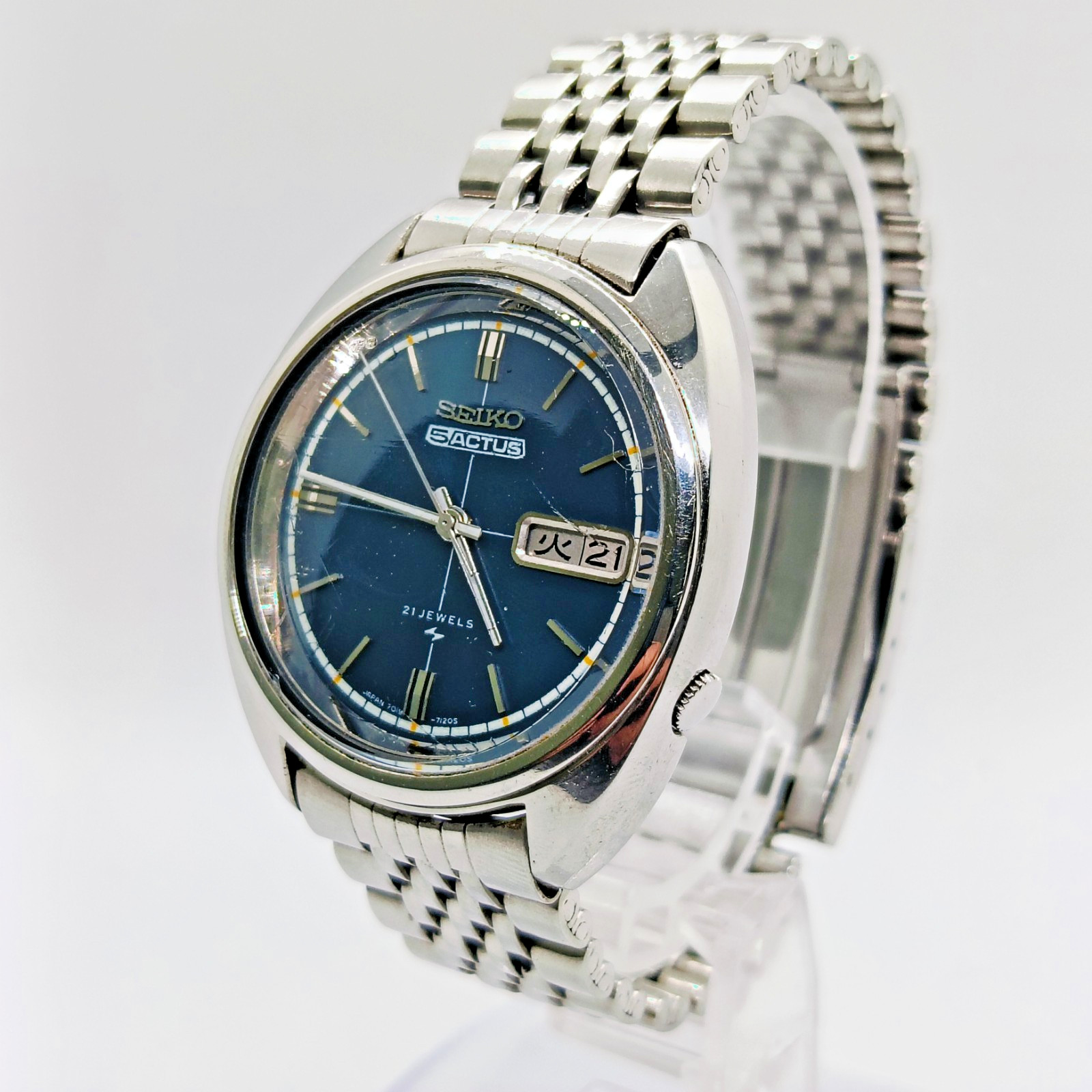Vintage SEIKO 5 ACTUS 7019-7070 Automatic 21J Blue Dial Day Date Men’s Watch