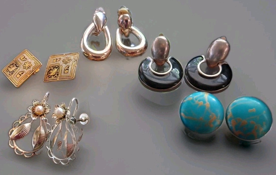 Vintage Costume Earrings Lot 5 Pairs Clip On Screw Back Faux Pearl Teal Enamel