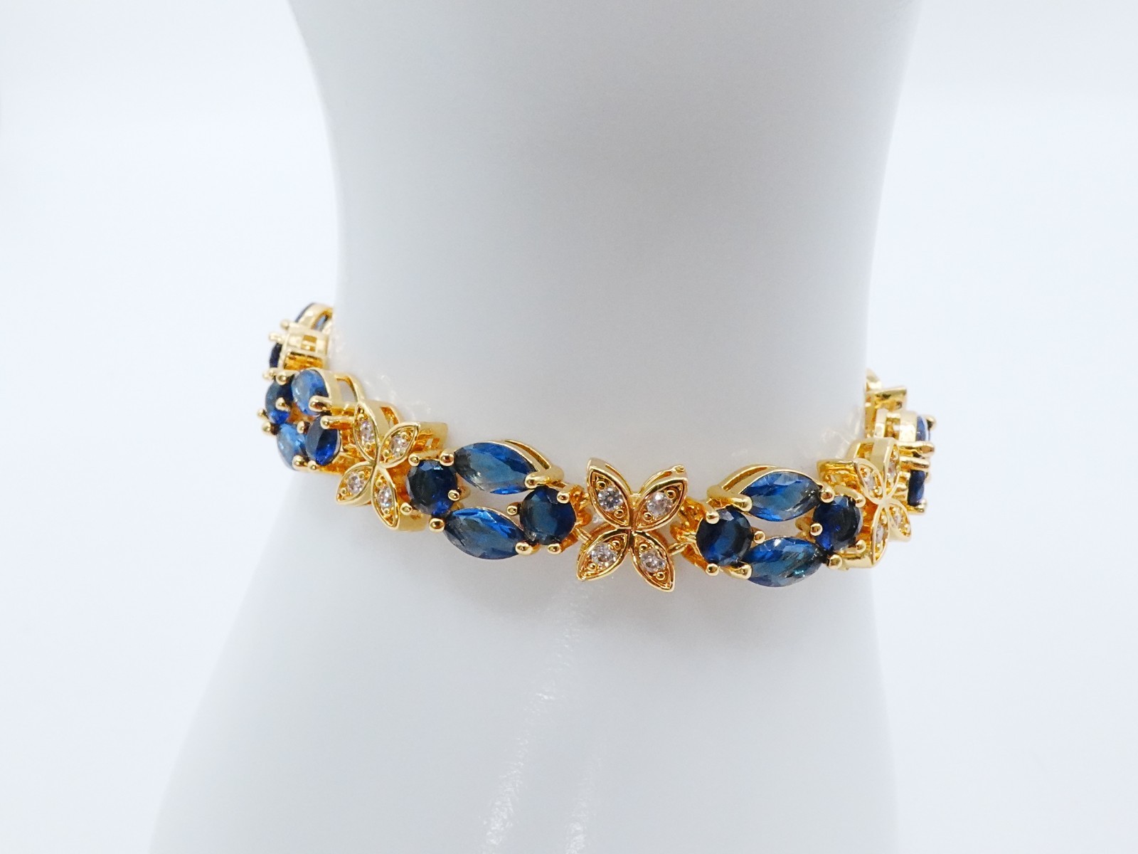 Bracelet Blue Gemstone & Cz Diamond 24K Yellow Gold Plated 7″ Women Jewelry