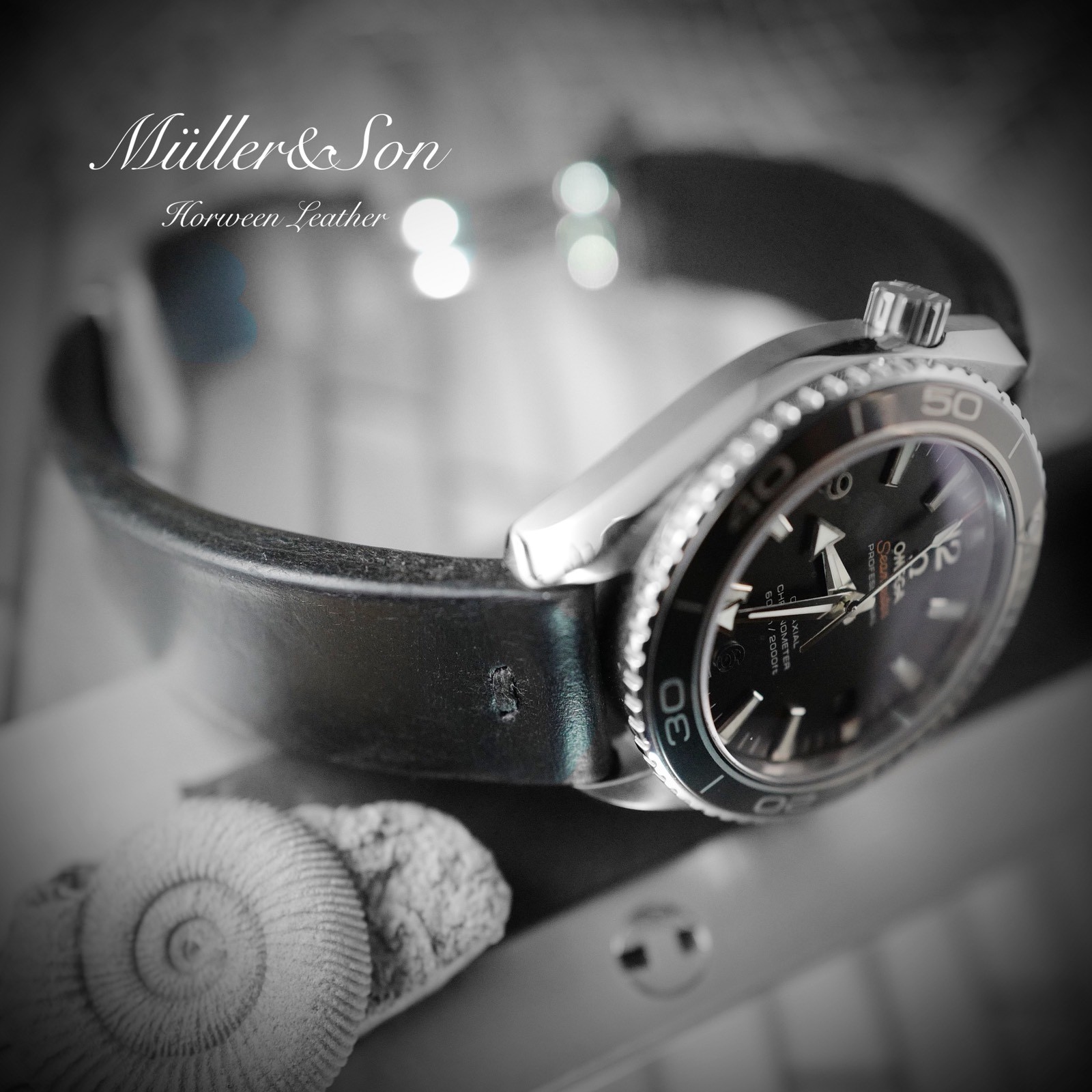 Müller&Son Horween Leather 20mm Black Watch Strap for Omega with “Snake Bites”