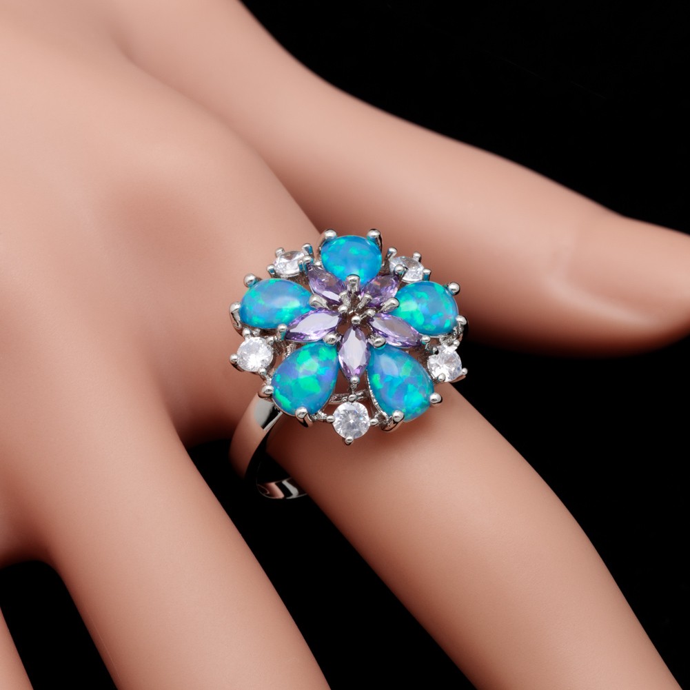 Simulated Amethyst 5×7 Blue Fire Opal CZ Silver Jewelry Cluster Ring Size 7 8 9