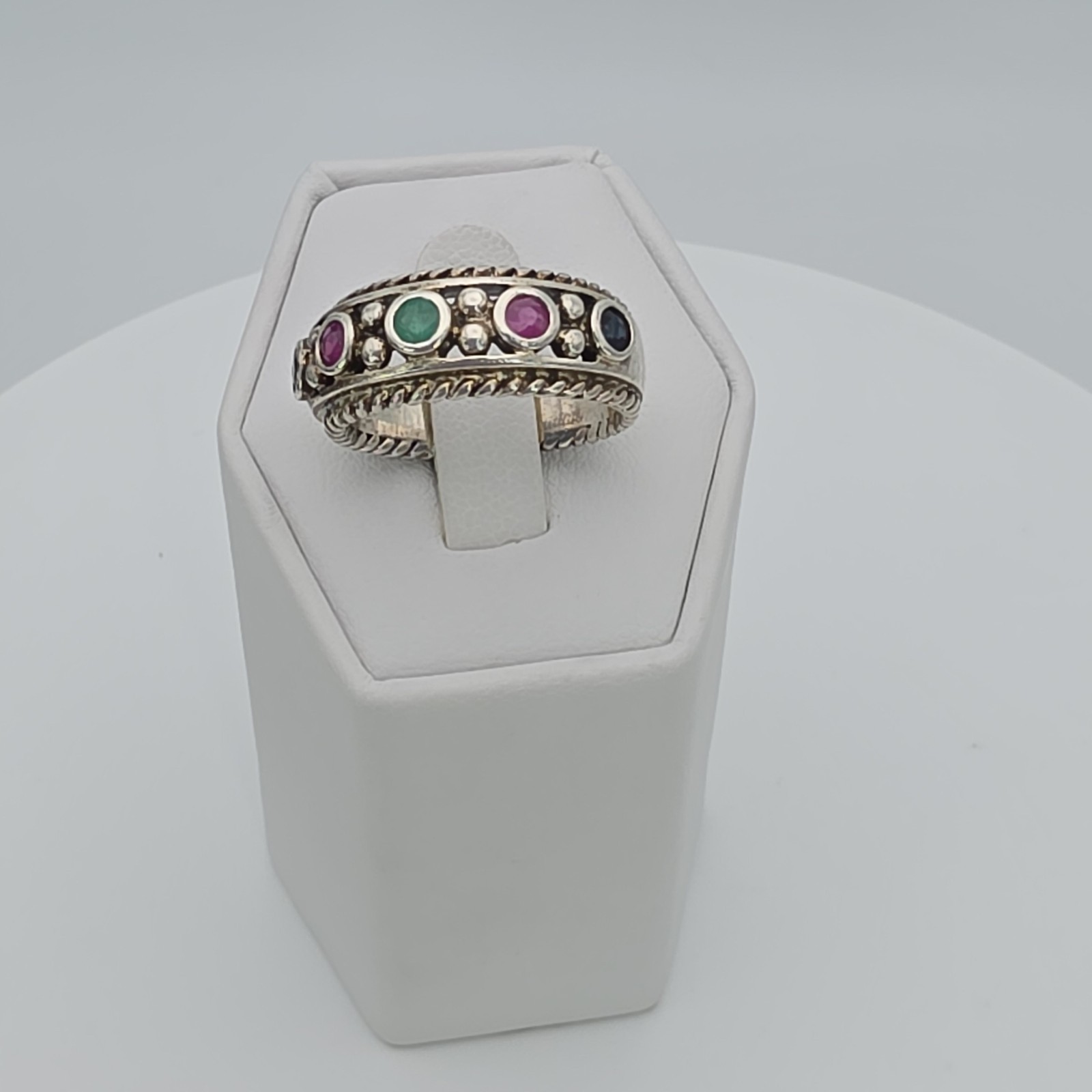 Vtg PRANDA Genuine Ruby Emerald Sapphire Ring 925 Sterling Silver Thailand Sz 8