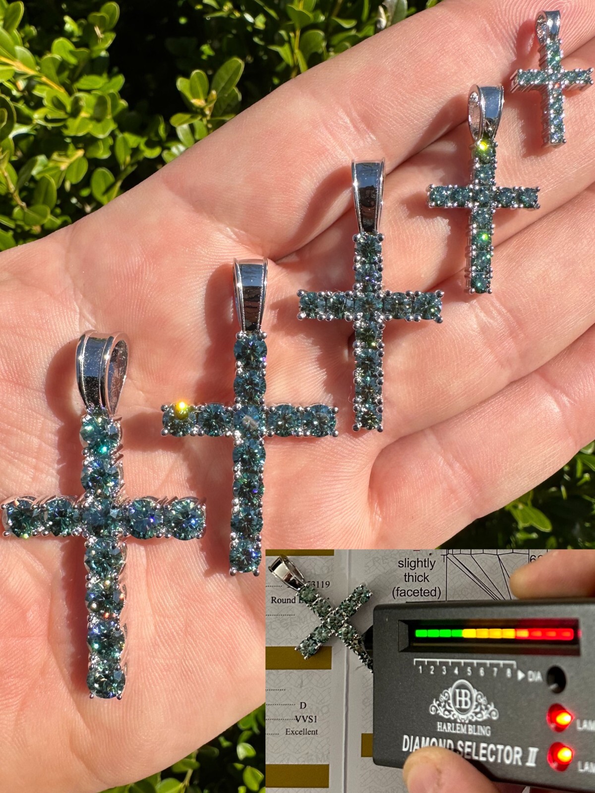 Green Blue MOISSANITE Real 925 Silver Tennis Cross Iced Pendant Necklace Hip Hop