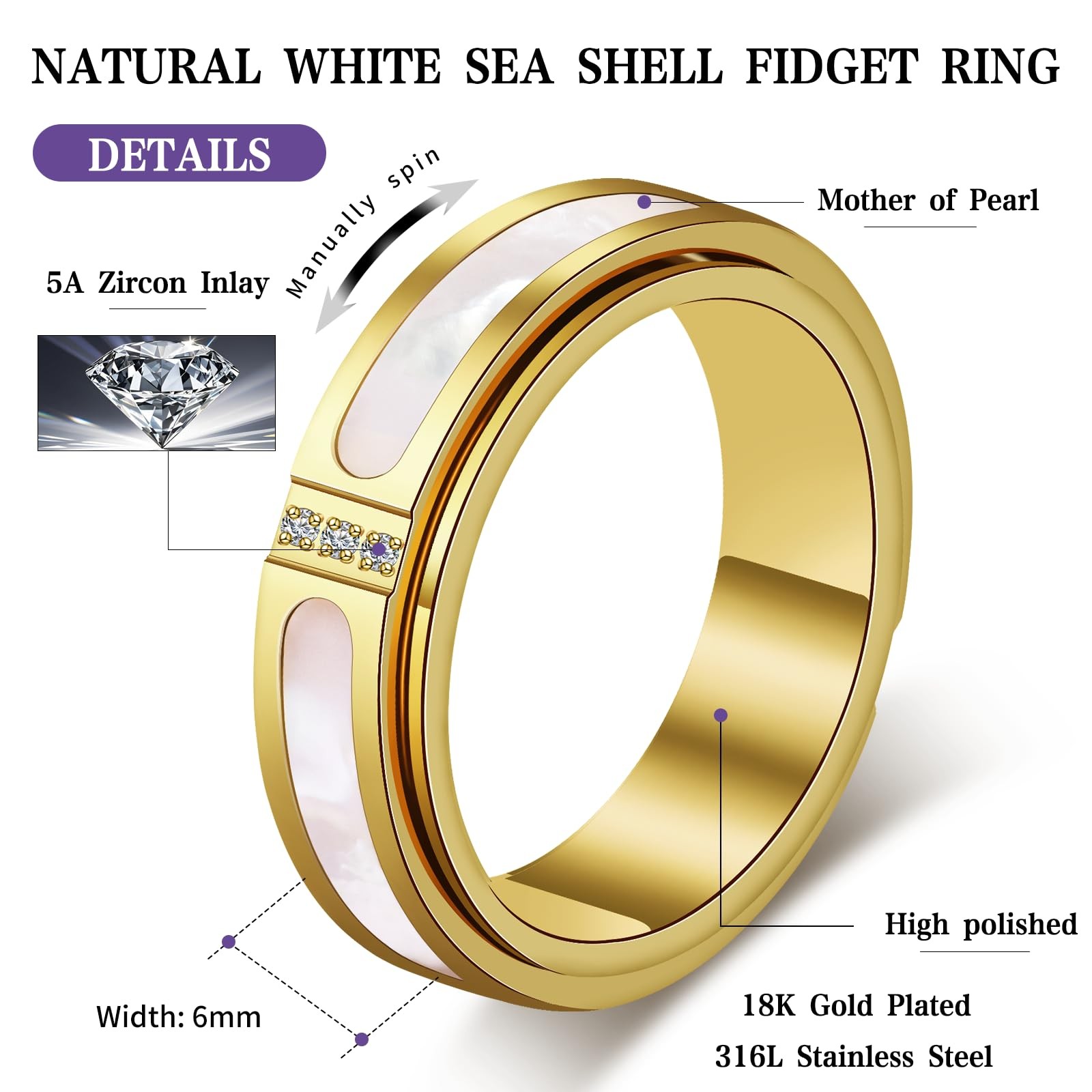 Fidget Spinner Ring for Women:18K Gold Plated Stainless Steel with Mother of …