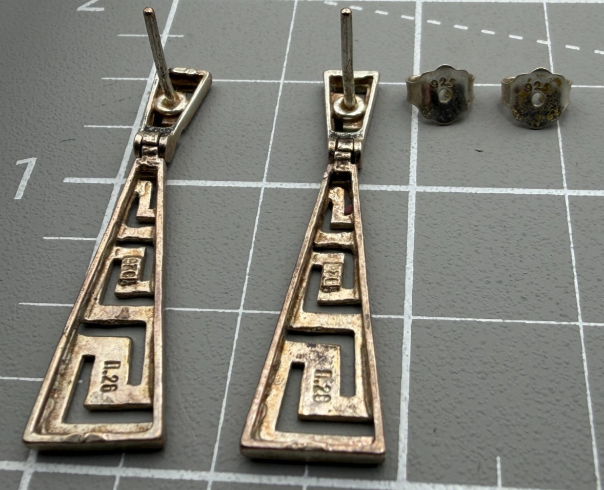 Vintage Sterling .925 Silver Greek Key Dangle/Drop Earrings – 1.5″ Tall