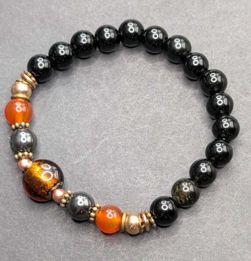 Women’s Stylish Orange Black Beaded Stretch Bracelet (16cm) Small Wrist