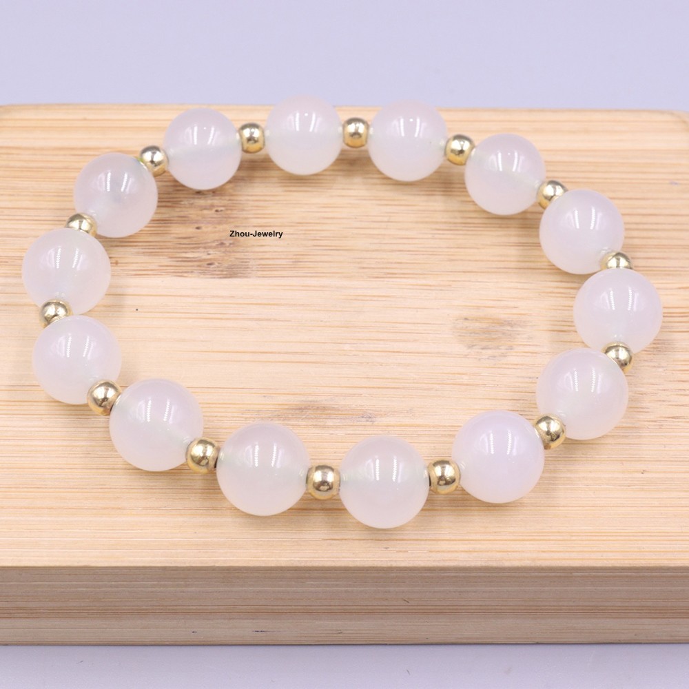 Natural Chinese White Agate 10mm Bead Handmade Women’s Elastic Bracelet