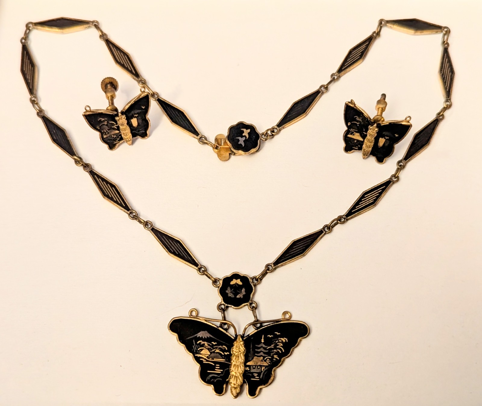 Vintage Japanese Damascene Gold Inlay Set Necklace Earrings Unsigned Amita