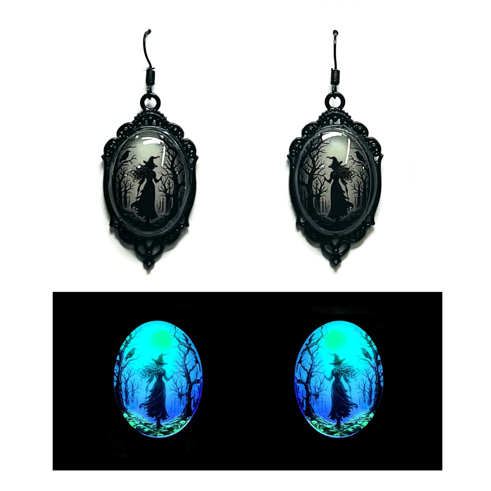 Witch in the Forest Lime Aqua Blue & Purple/Violet Glow in the Dark Earrings