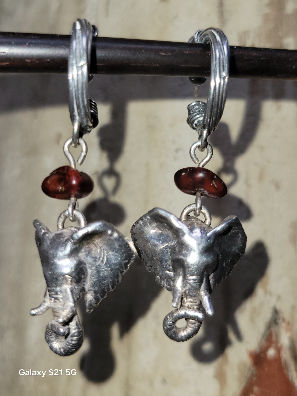 Susan Cummings Elephant Earrings Dangle Sterling Silver & Amber 2″ Long 1990s