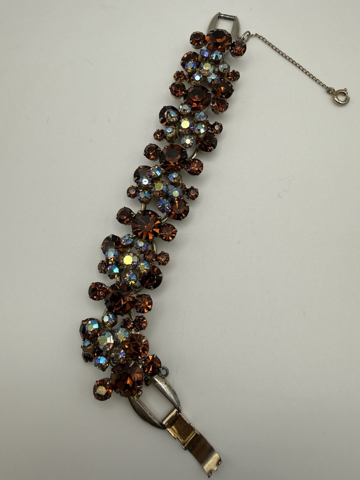 DeLizza & Elster (D &E) Juliana Cognac & Iridescent AB Rhinestone Bracelet 6.75”