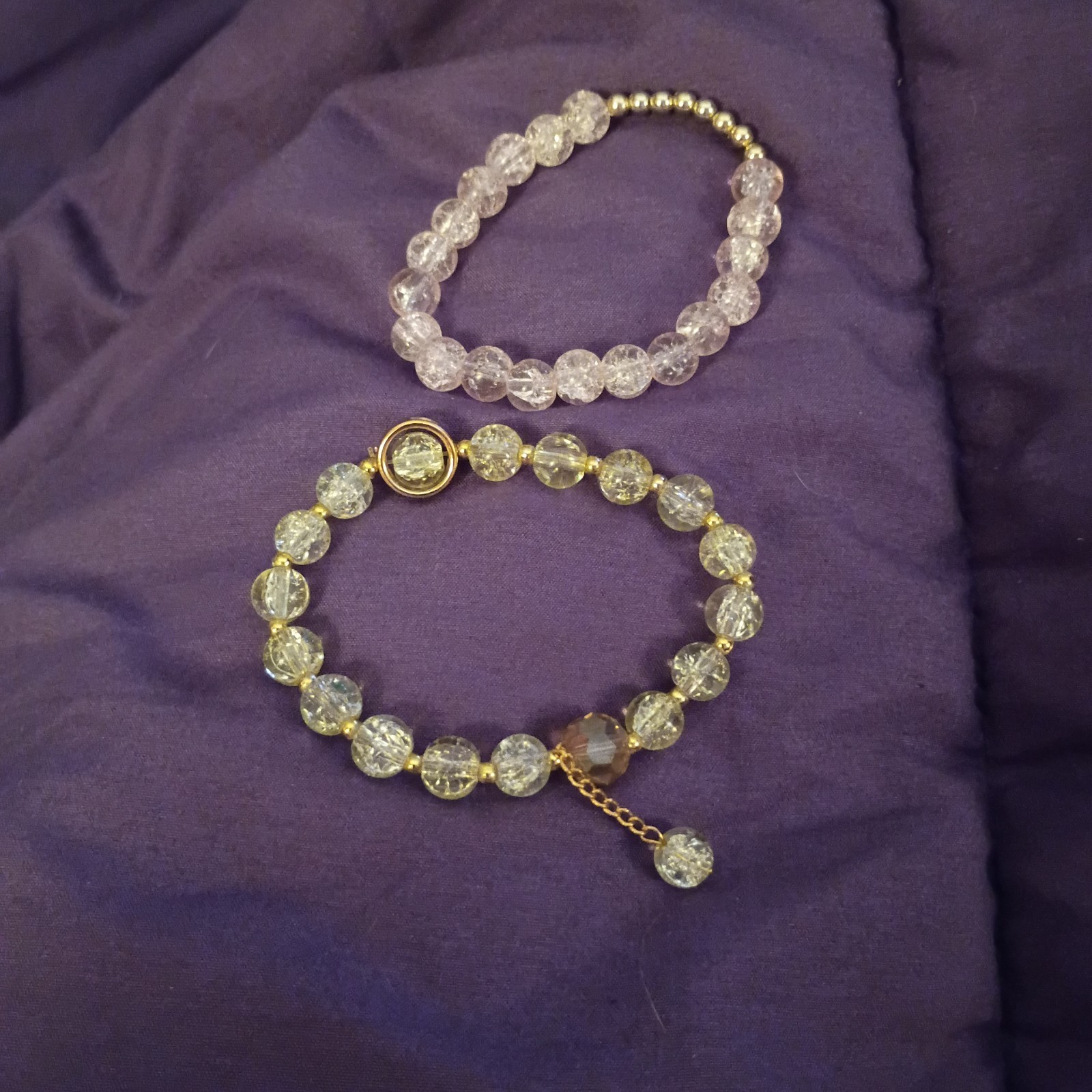 Lot of 2 Clear Round Crystal Glass Beaded Stretch Bracelets, Dangle Charm