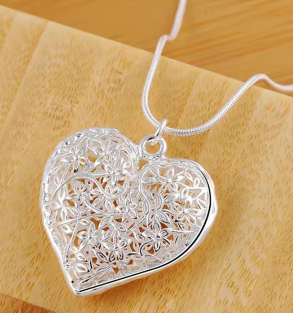 Silver Heart Filigree Pendant 925 Charm Necklace Wedding Fashion Jewelry 26″ New